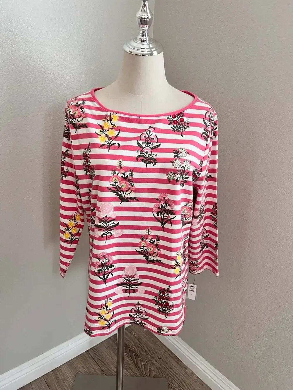 Talbots Women's 3/4 Sleeve Striped Floral Print Cotton-Spandex Tee - Picture 1 of 5